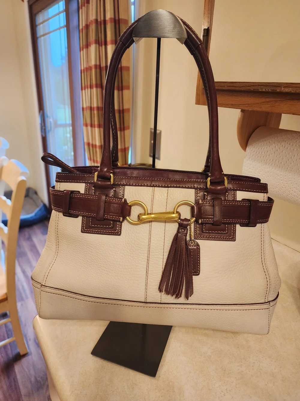 2008 Coach Hamptons Belted Carryall handbag in cream and burgundy